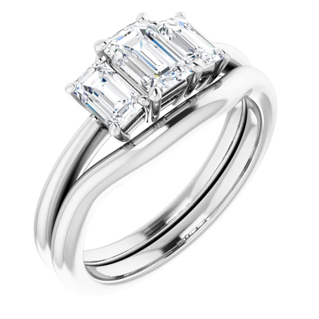 three stone emerald cut diamond ring with wedding band