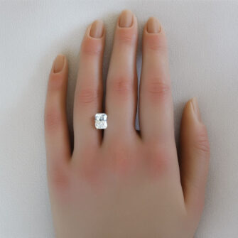 A large white lab-created radiant white sapphire shown on a woman's hand.