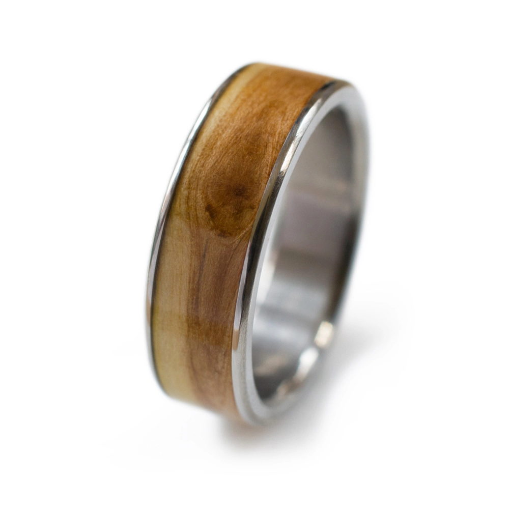 A customer provided the wood for this men's wooden wedding band