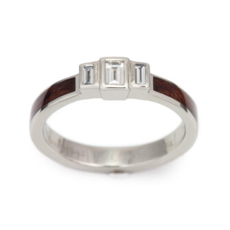 Three baguette diamond ring shown from a front profile view.