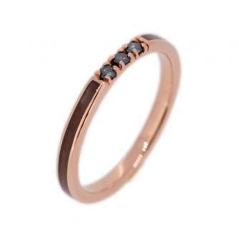 A rose gold wedding band inlaid with walnut wood and set with teal diamonds