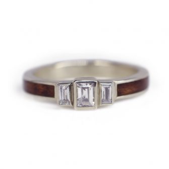 A women's wooden engagement ring, made in white gold and bubinga wood.