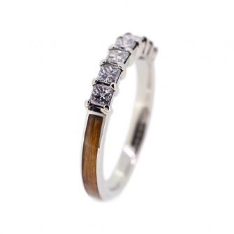 14k white gold and wood wedding ring, with rimu wood and princess cut diamonds.