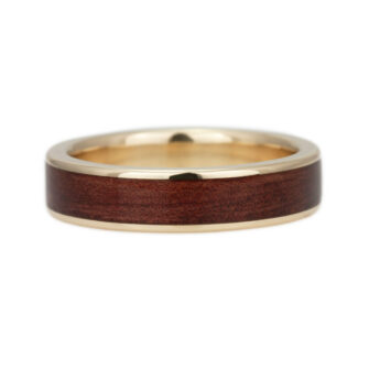 A product image of a men's wedding band inlaid with wood.