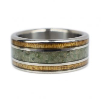 Koa wood ring with emerald and titanium