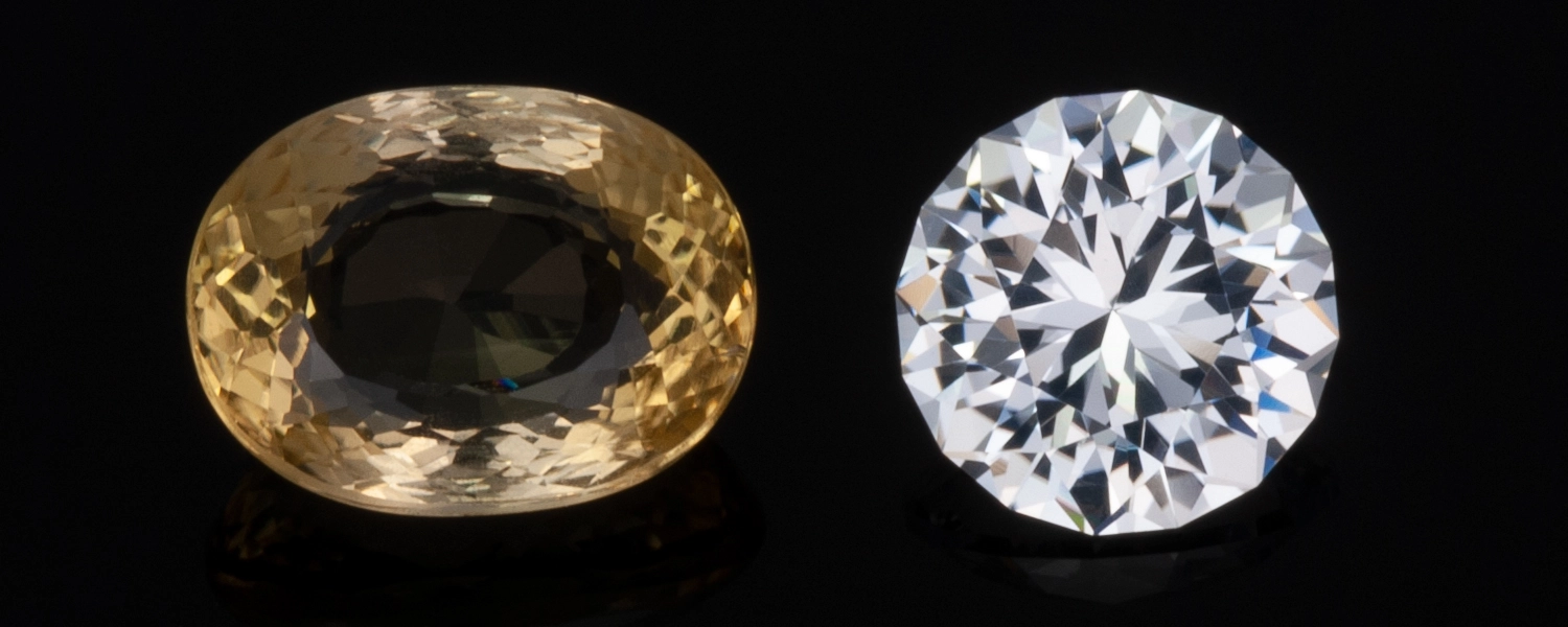 An image comparing a custom cut lab-created white sapphire to a poorly cut heliodor gemstone.