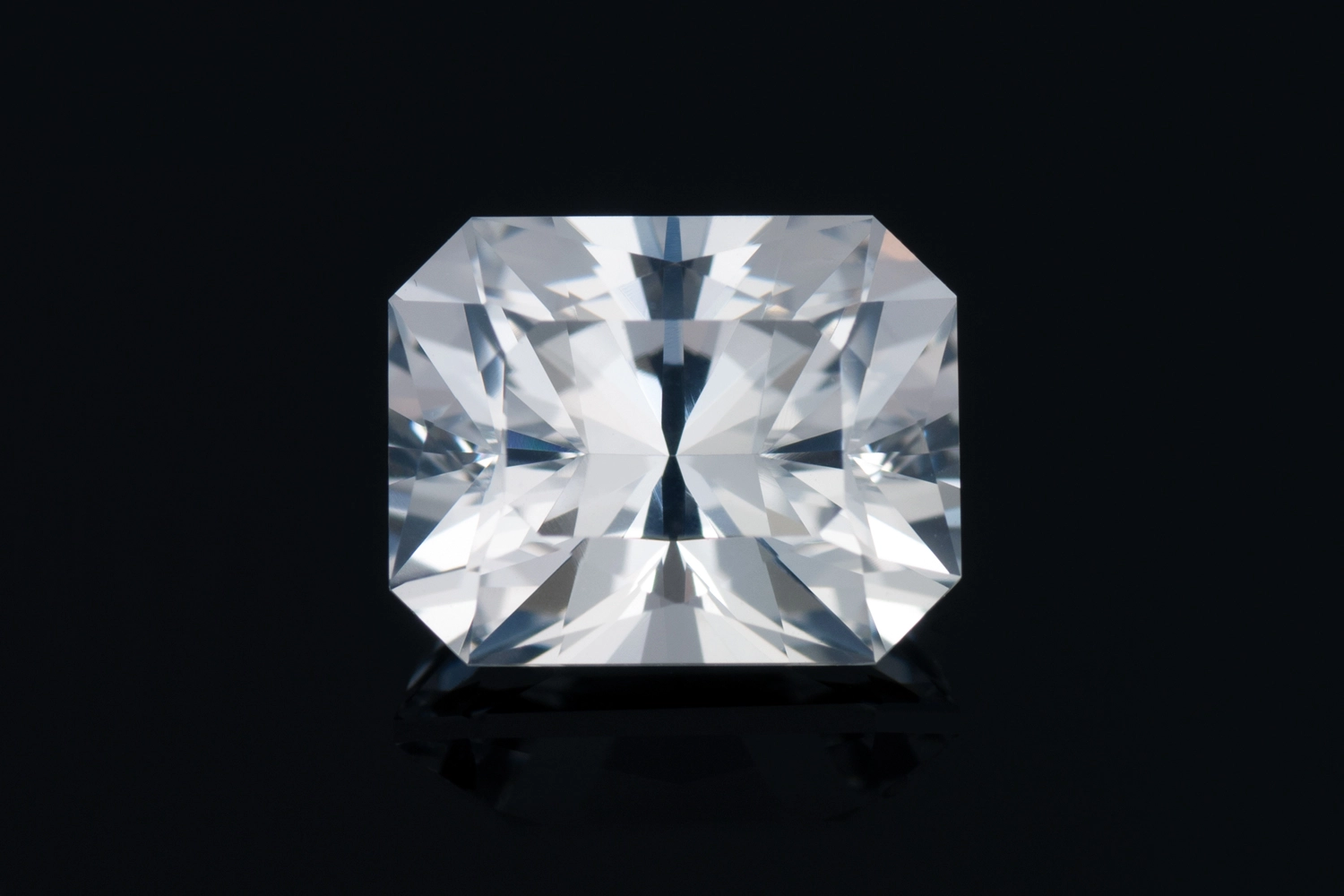 An image of a radiant cut lab-grown white sapphire.