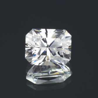 An image of a large radiant cut white lab-created sapphire.