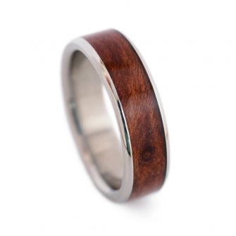 Wooden wedding ring made with redwood tree.
