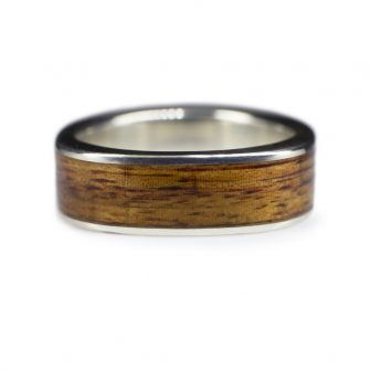 A square wedding ring inlaid with wood