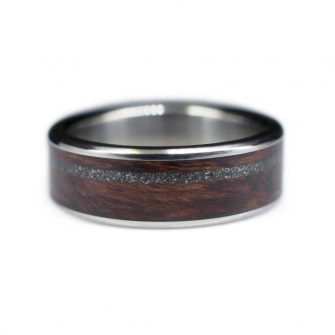 An image of a wood and meteorite ring for a man