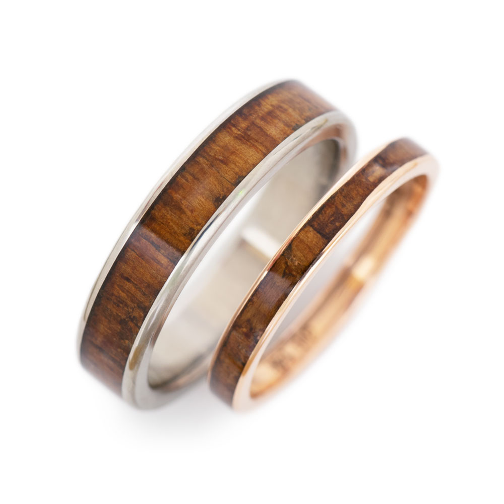 An image of a pair of wood rings made from customer-provided wood.
