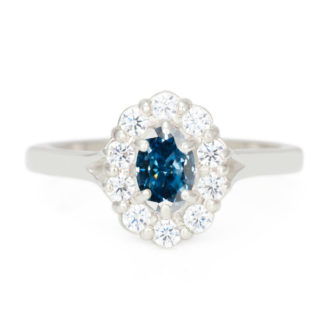 Oval Cut Blue Moissanite Engagement Ring With Diamond Halo - Image 4