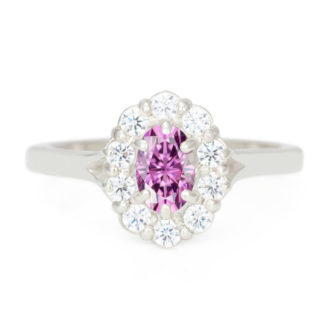 Oval Cut Pink Moissanite Engagement Ring With Diamond Halo - Image 4