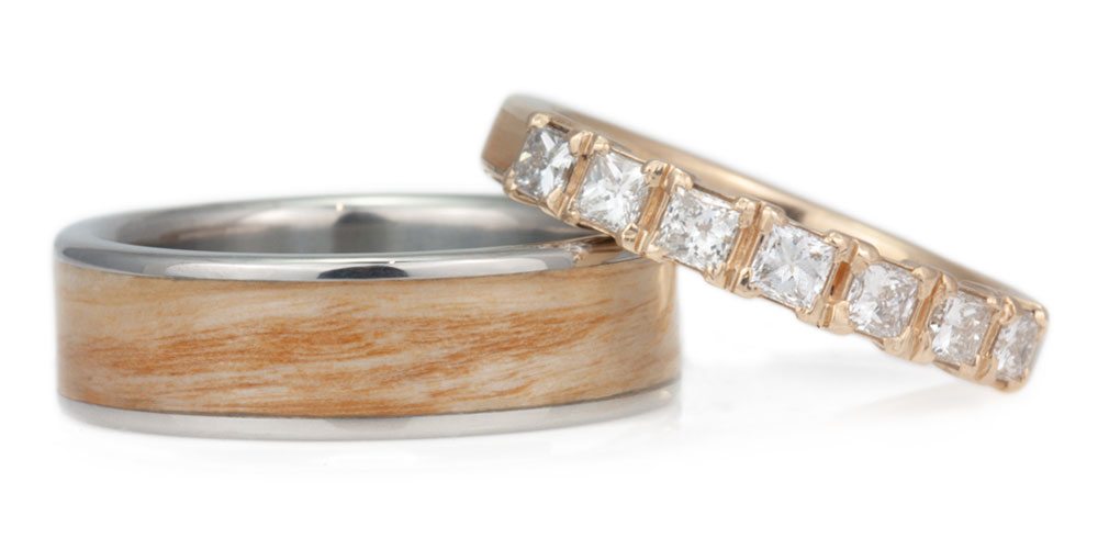 An image of a matching wooden ring set made in Ontario, Canada.