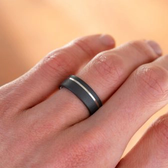 An image of a zirconium ring on a finger.