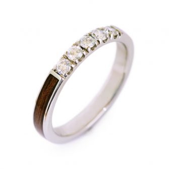 A picture of a koa wood wedding band.