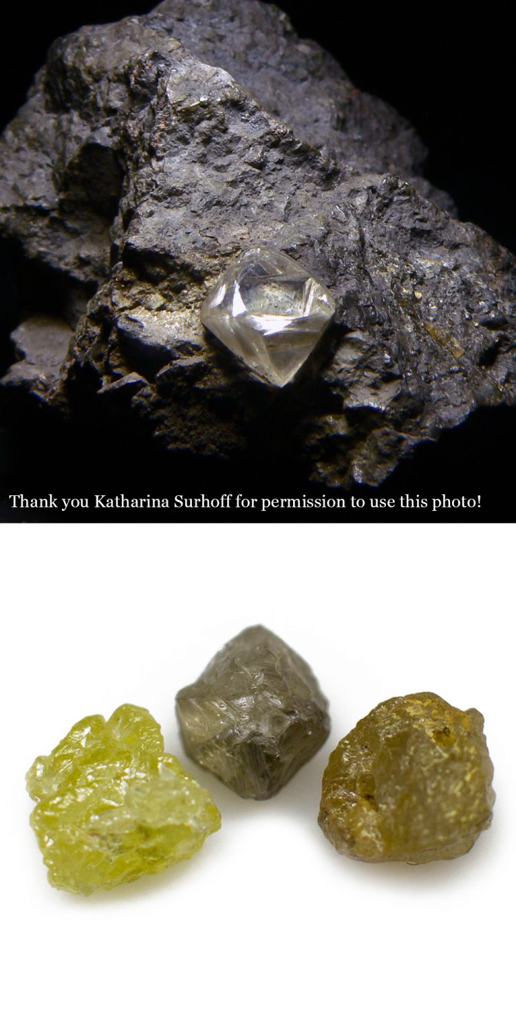 An image of a rough octohedron diamond above three lower quality opaque rough diamonds.